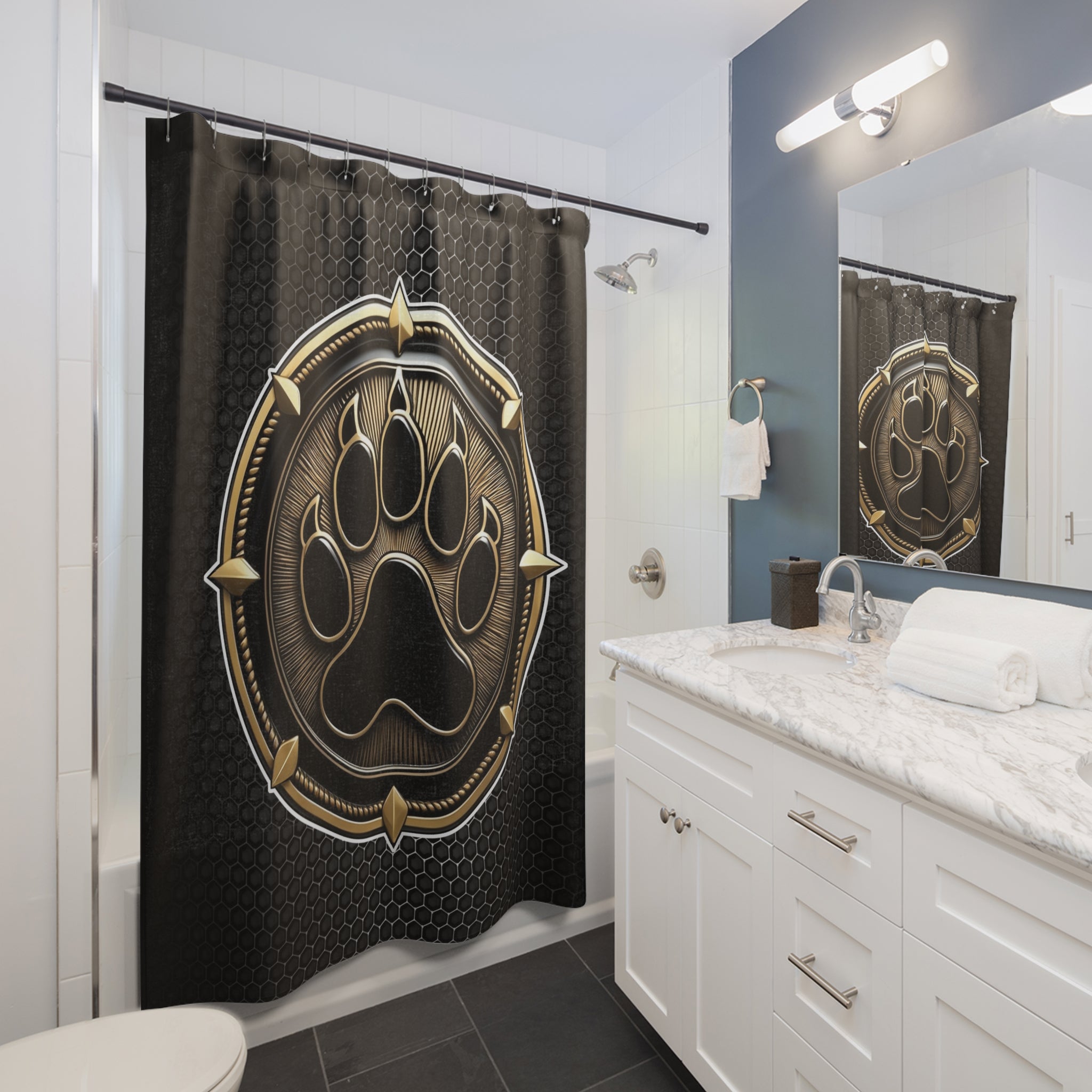 Gay Bear Pride Paw Shower Curtain. Featuring a bold, eye-catching design, this product creates an empowering vibe that adds a touch of personality to your bathroom. Shower time!