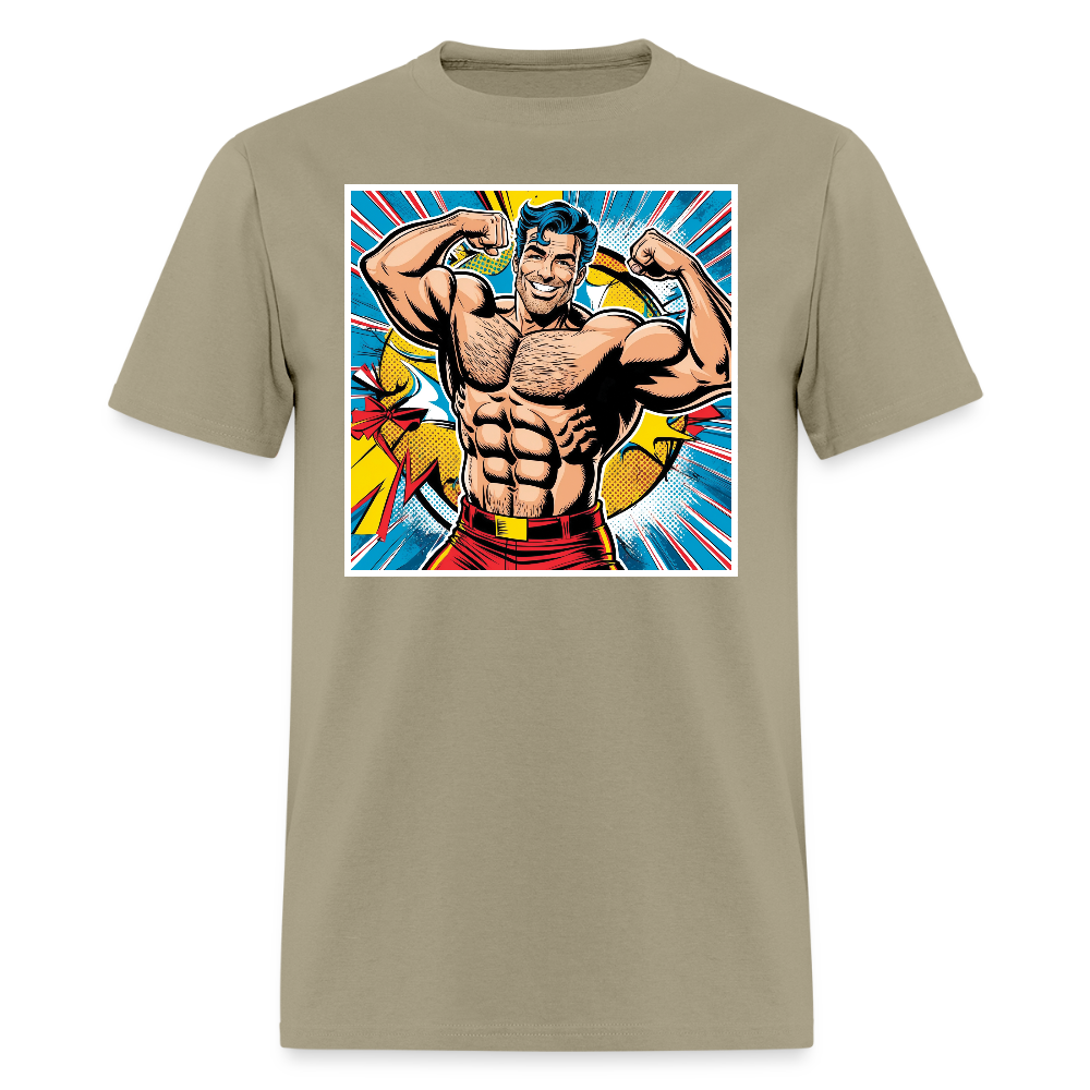 Muscle Man Gay Pride T-Shirt. - khaki