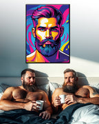 Two gay men in bed enjoying their coffee in bed wgayith a beautiful Bear Pride colorful abstract beared man framed poster behind them on their wall