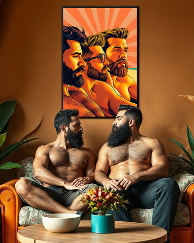 3 bearded abstract males depicted on a bright sunny day poster. Two burly shirtless gay men on the couch having conversation with the poster behind them on the wall.