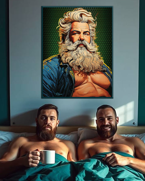 Two gay men in bed enjoying their coffee in bed with a beautiful Gay Bear Pride mature beared man framed poster behind them on their wall