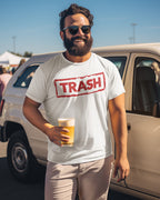 Gay beared man wearing the TRASH Stamp t-shirt at a party.