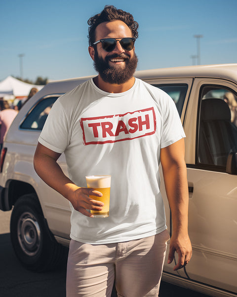 Gay beared man wearing the TRASH Stamp t-shirt at a party.