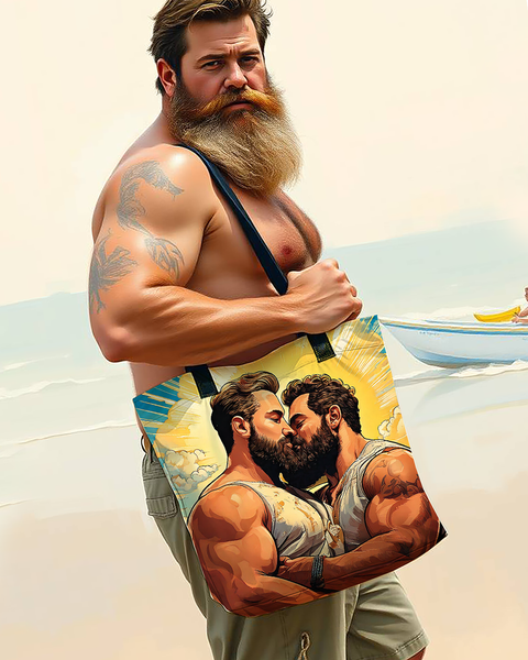 Two Muscle Bears Kissing Gay Pride Print Tote Bag