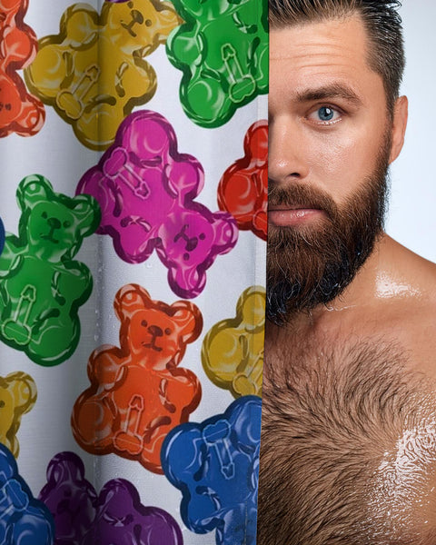 Sexy bearded man behind Horny Gummy Bears Gay Pride Shower Curtain. WOOF!