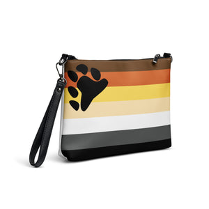  Gay Bear Pride Flag bag. It’s made of premium faux leather and features dark gray hardware. Thanks to the zip-top closure and multiple inside pocket for all your kinky stuff!