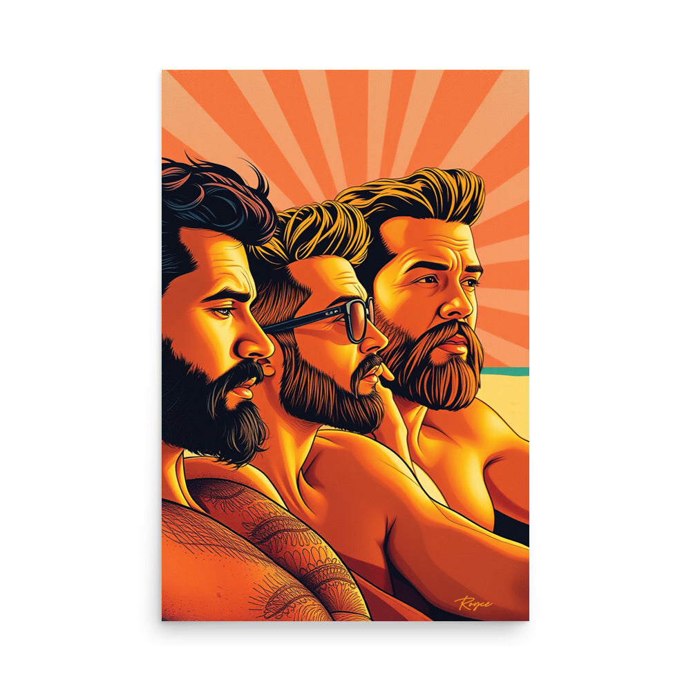3 bearded abstract males depicted on a bright sunny day poster.
